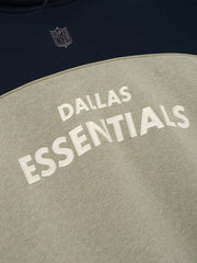Cowboys 90s Relaxed Hoodie navy and stone color block close up with embroidered NFL shield and Dallas Essentials lettering shown as a Tops product detail