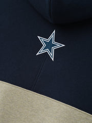 Cowboys 90s Relaxed Hoodie navy and stone color block close up featuring embroidered Dallas Cowboys star logo as a Tops product detail