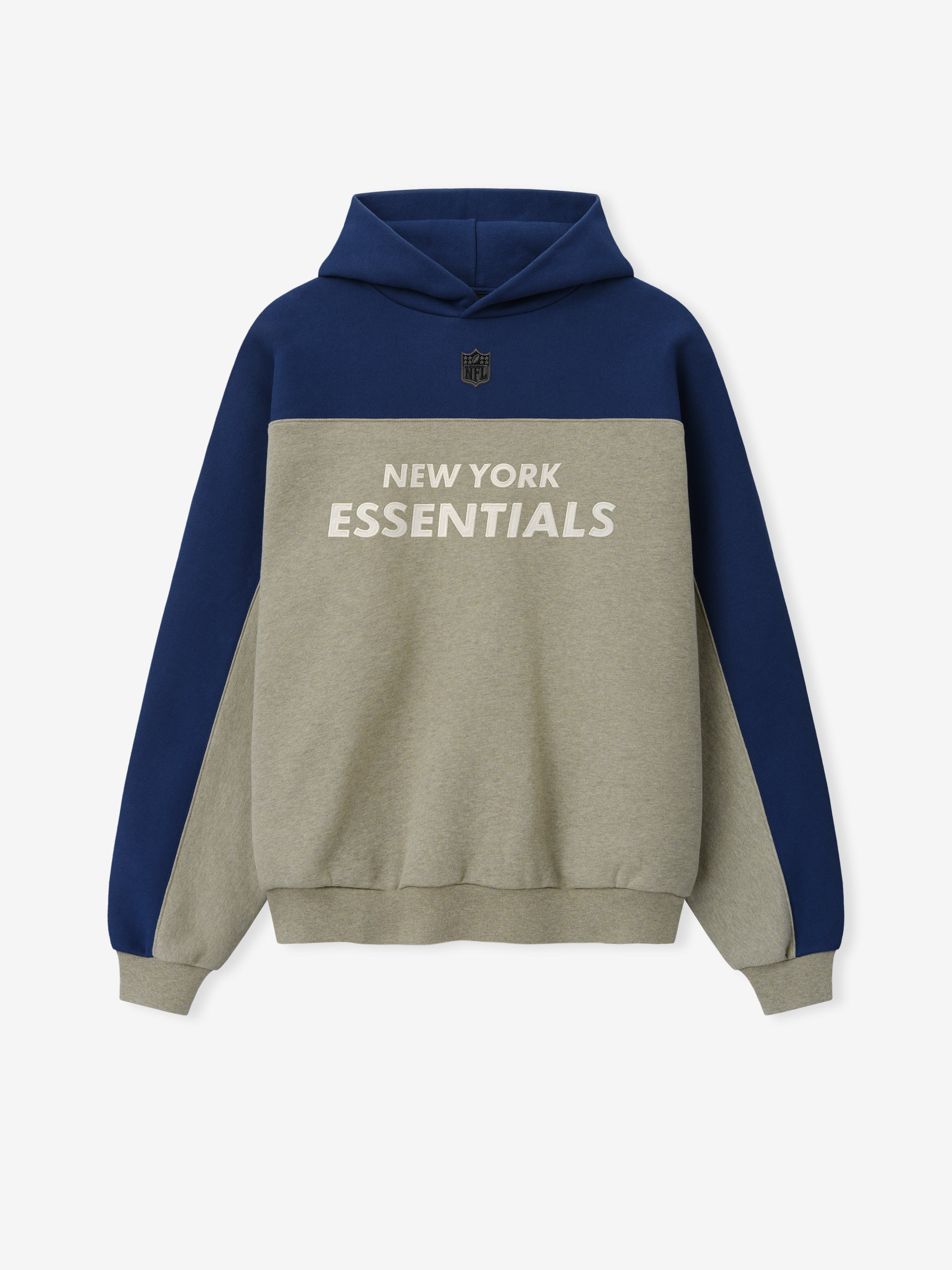 Giants 90s Relaxed Hoodie in navy blue and gray with New York Essentials lettering NFL shield and color blocked design shown as a Tops product view