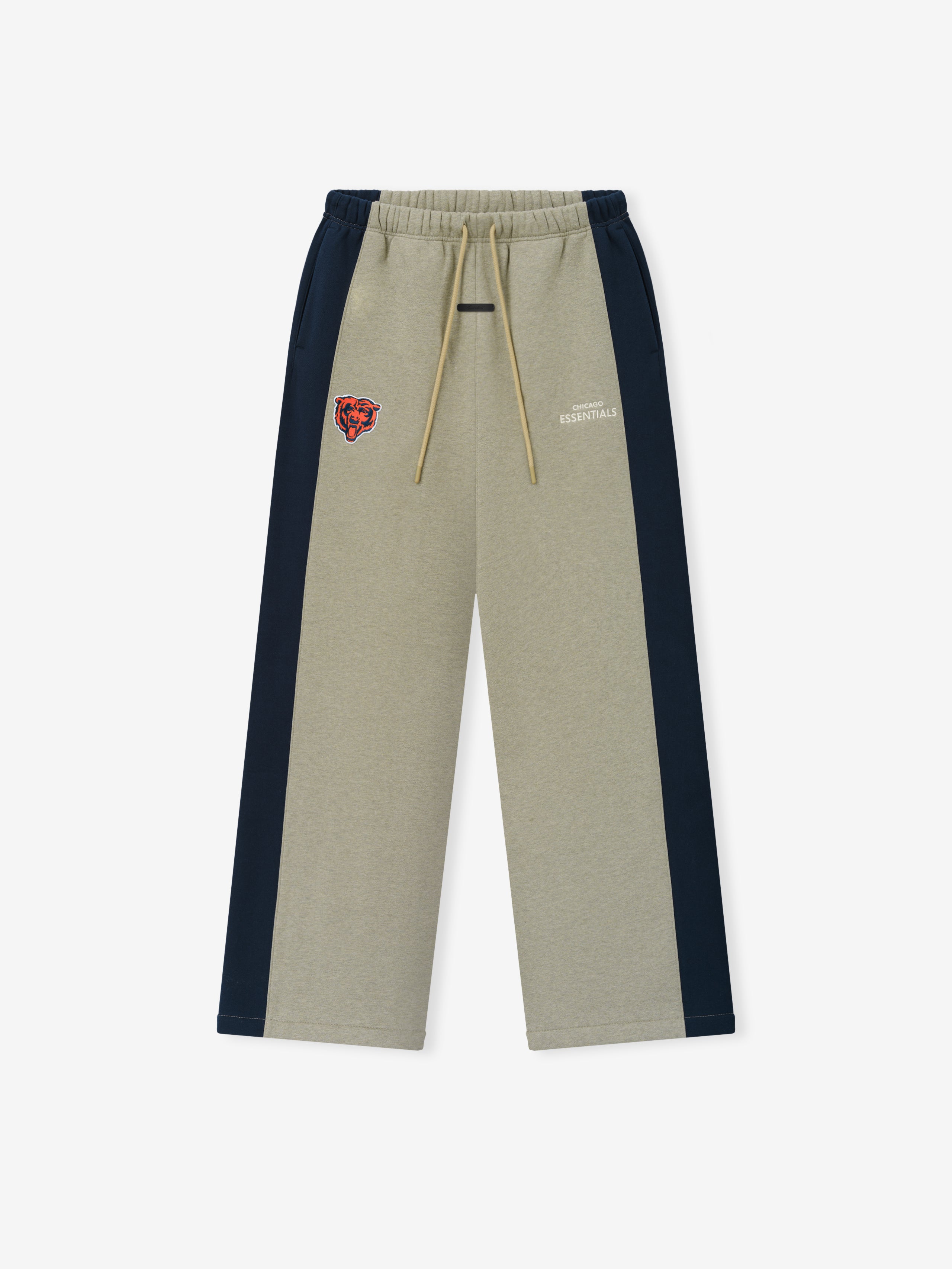 Bears Lounge Sweatpant in taupe fleece with navy side panels elastic drawstring waist Bears logo and straight leg silhouette shown as a Bottoms product view