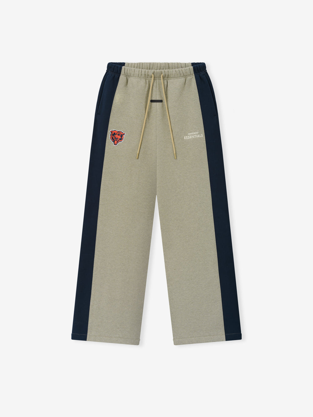 Bears Lounge Sweatpant in taupe fleece with navy side panels elastic drawstring waist Bears logo and straight leg silhouette shown as a Bottoms product view