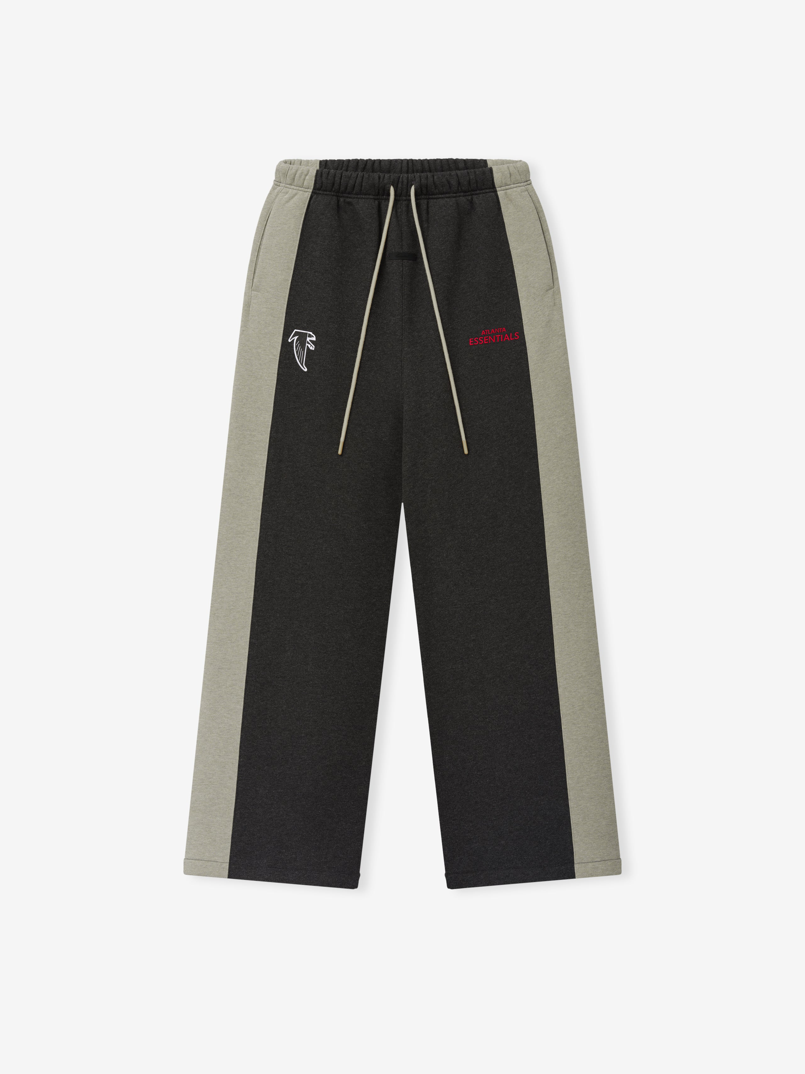 Falcons Lounge Sweatpant in black fleece with gray side panels elastic drawstring waist embroidered Falcons logo and straight leg silhouette shown as a Bottoms product view