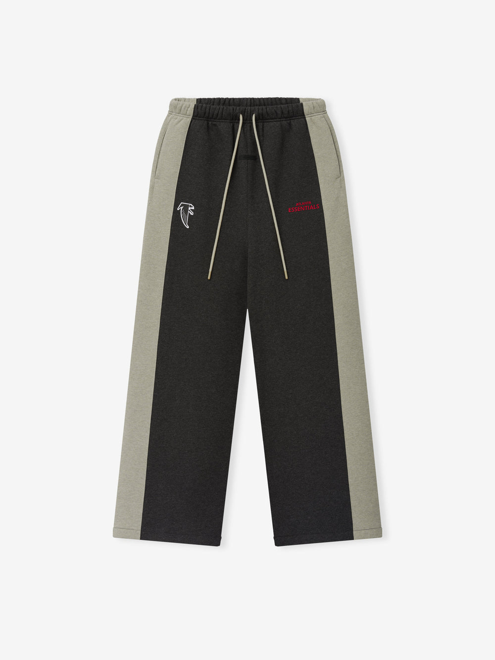 Falcons Lounge Sweatpant in black fleece with gray side panels elastic drawstring waist embroidered Falcons logo and straight leg silhouette shown as a Bottoms product view