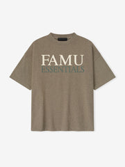 Flat lay of brown FAMU 90s Tee with large cream FAMU text and teal ESSENTIALS lettering, file afiBK39g.jpg